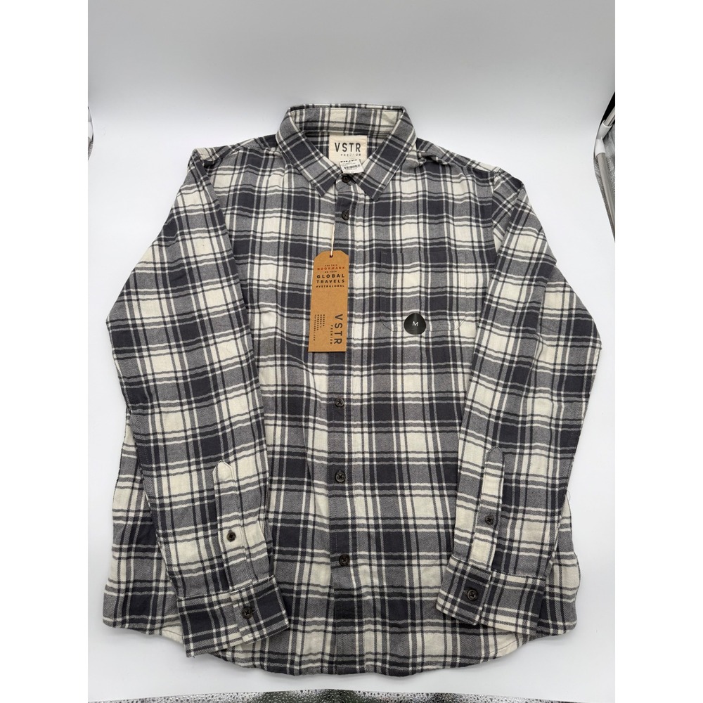 VSTR Premium Mens Shadow Flannel Shirt Grey White Plaid Button Down Medium NWT